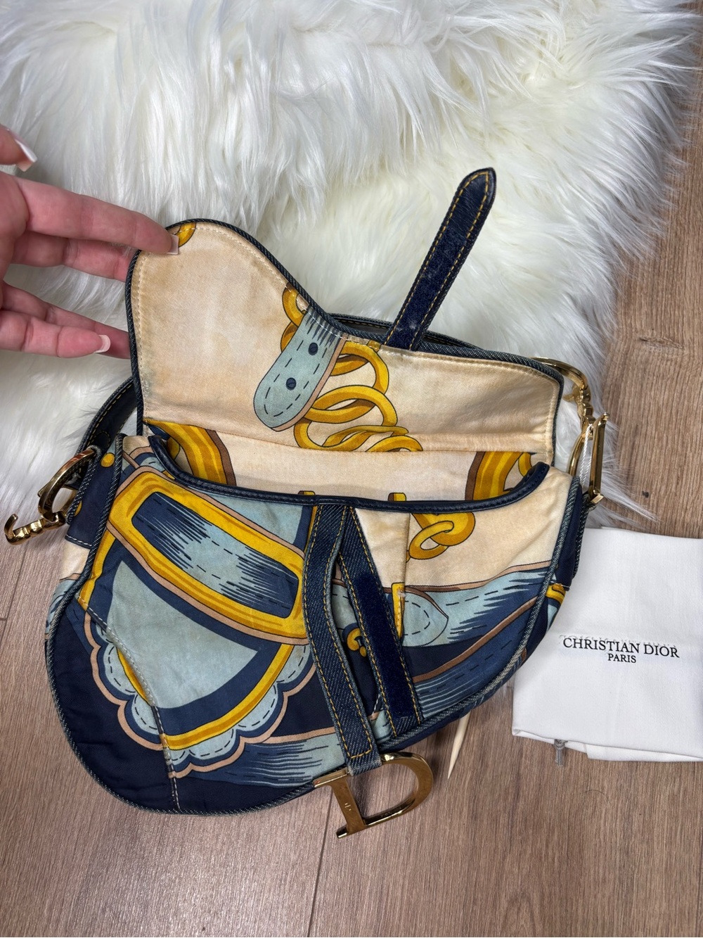 💙 RARE✨ Dior Blue Saddle Satin Chain Print Bag - Picture 13 of 17